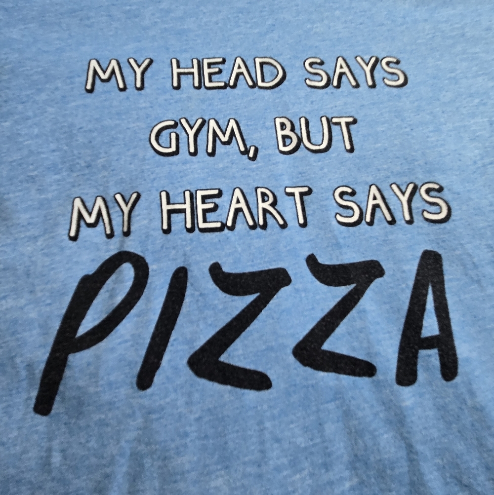 Ladies T-Shirt Funny MY HEART SAYS PIZZA Gym Workout Athletic Wear SIZE L